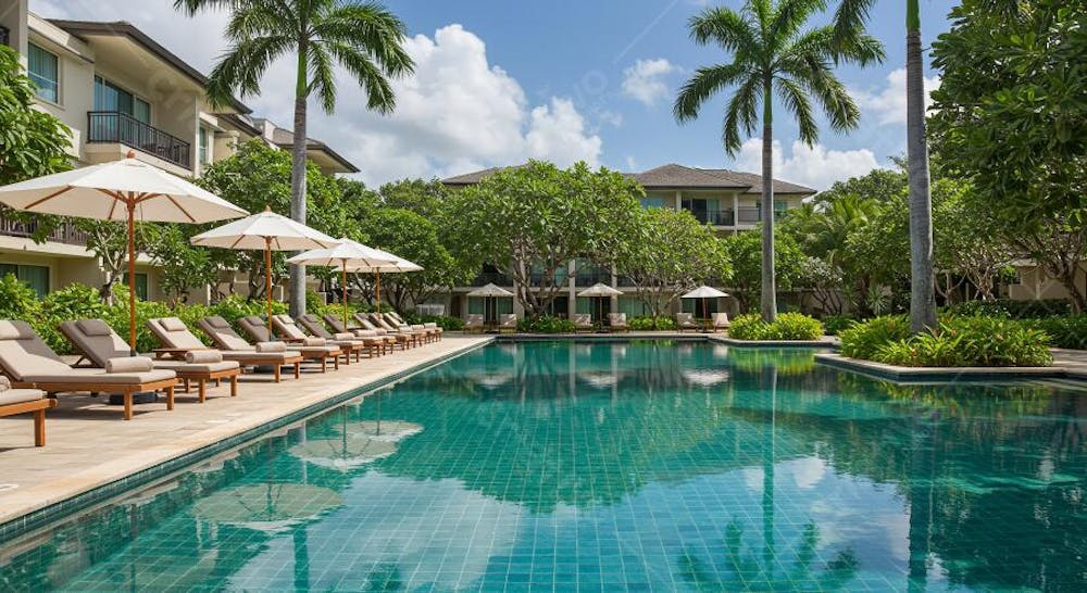 Image of a teal swimming pool surrounded by beige lounge chairs and white umbrellas. Palm trees and tropical vegetation surround the area. The atmosphere is relaxing and luxurious.