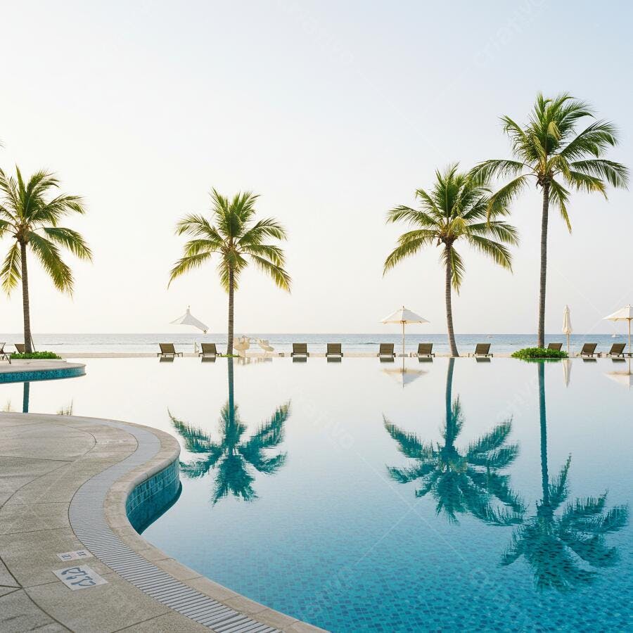 Piscina tropical com palmeiras e reflexo na água