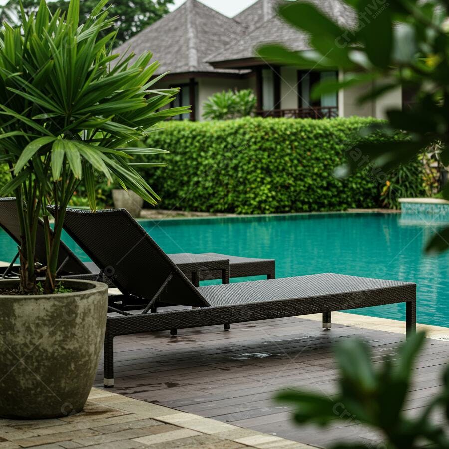 Espreguiçadeiras na piscina tropical