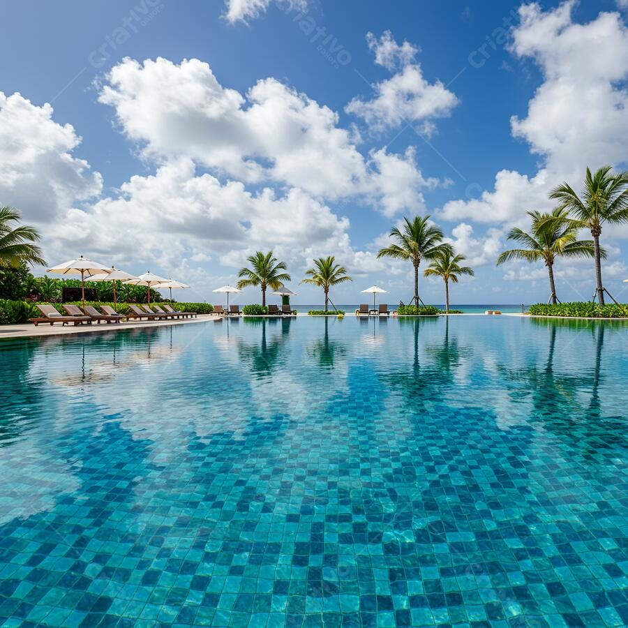 Piscina tropical com palmeiras e céu azul