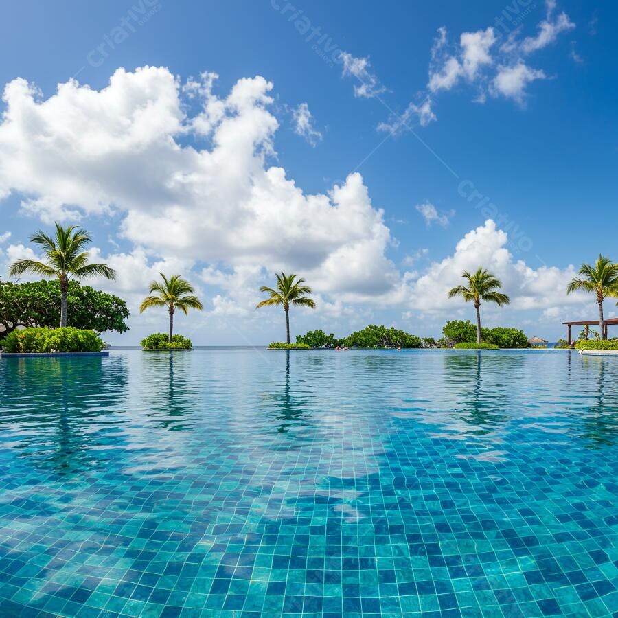 Piscina tropical com palmeiras e céu azul
