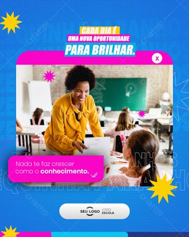 Vibrant social media post template (blue, pink, and yellow). Features an image of a smiling Black female teacher with students in a classroom. Perfect for schools, teachers, and educational institutions looking to attract new students.