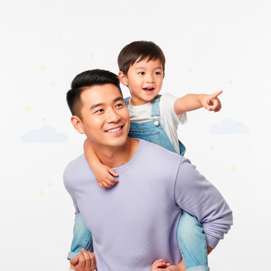 Pai e filho asiáticos felizes em estúdio