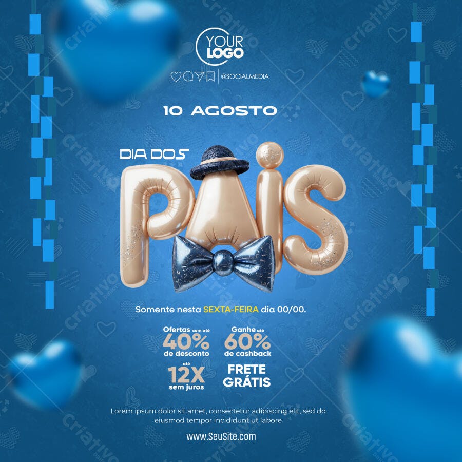 Flyer Dia dos Pais Balões Dourados e Azul PSD Editável