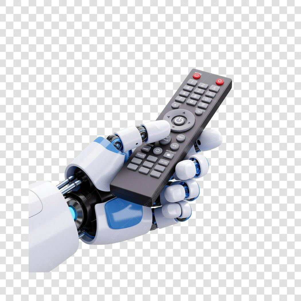 Mockup mão robô segurando controle remoto PNG com fundo transparente