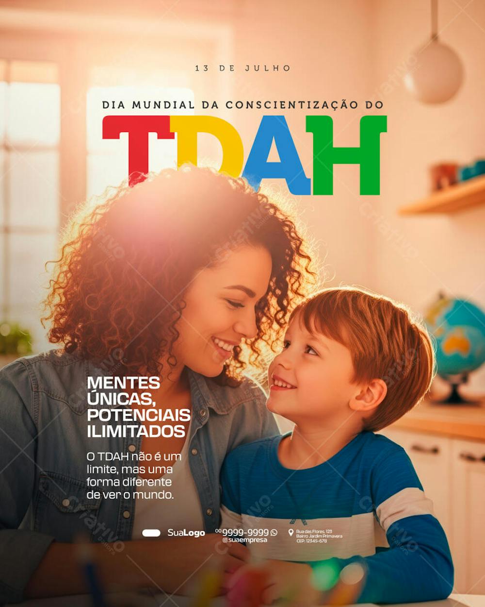 Vibrant flyer featuring a heartwarming photo of a mother and son, perfect for ADHD awareness campaigns.  Conveys affection and inclusion. Target audience: schools, psychologists, institutions.