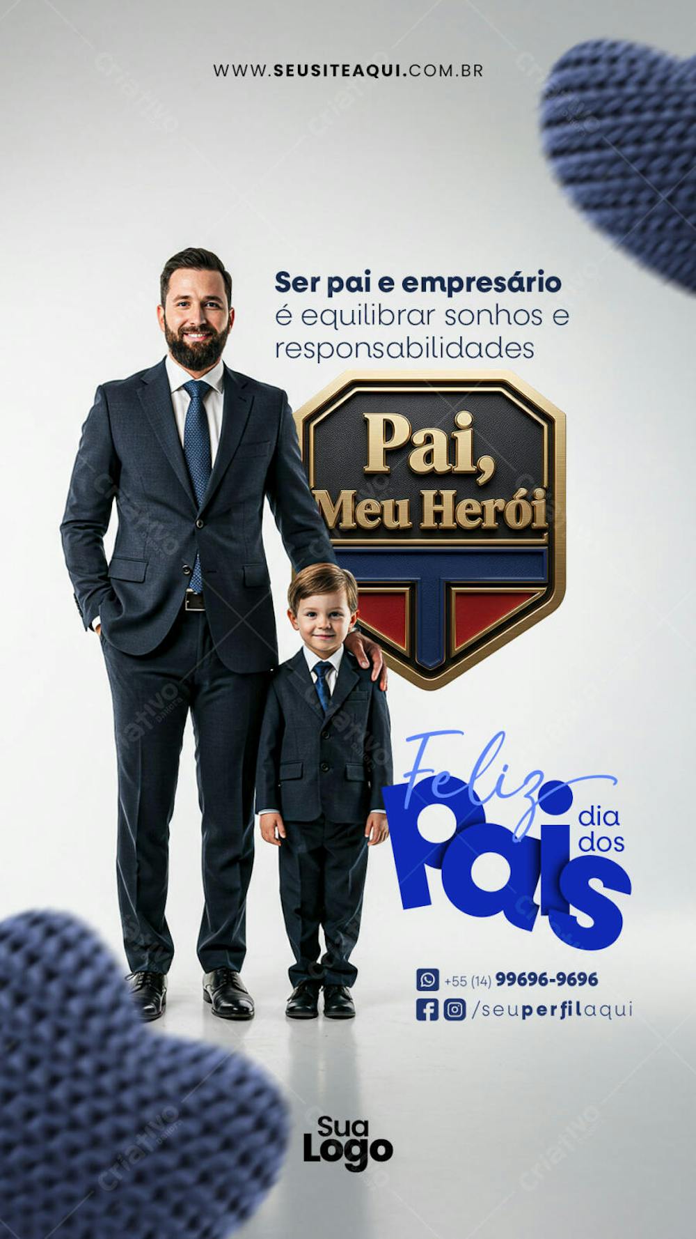 Elegant Father's Day flyer template in navy blue, white, and gold. Features a father and son in suits, conveying family unity and sophistication. Perfect for businesses to honor fathers and connect with their audience.