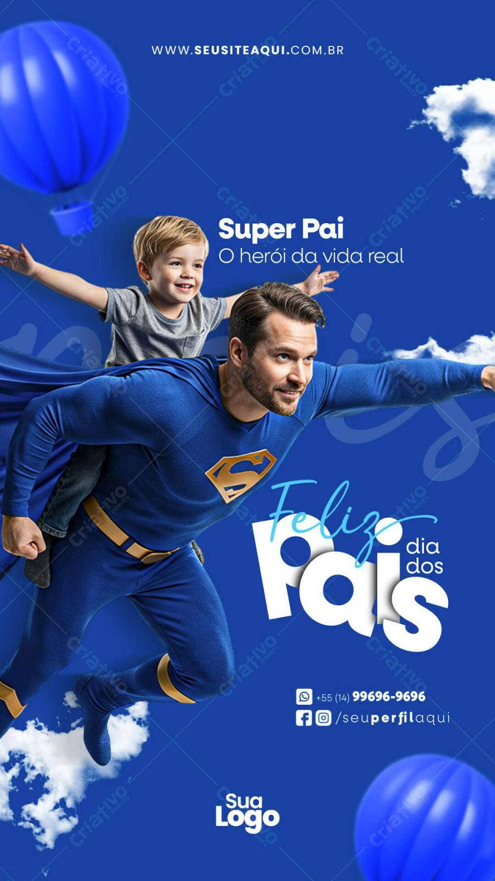 Father's Day flyer in royal blue, featuring a superhero dad flying with his son. Vibrant and modern illustration, perfect for businesses that want to celebrate fathers. Target audience: shops, gift companies, and advertising agencies.