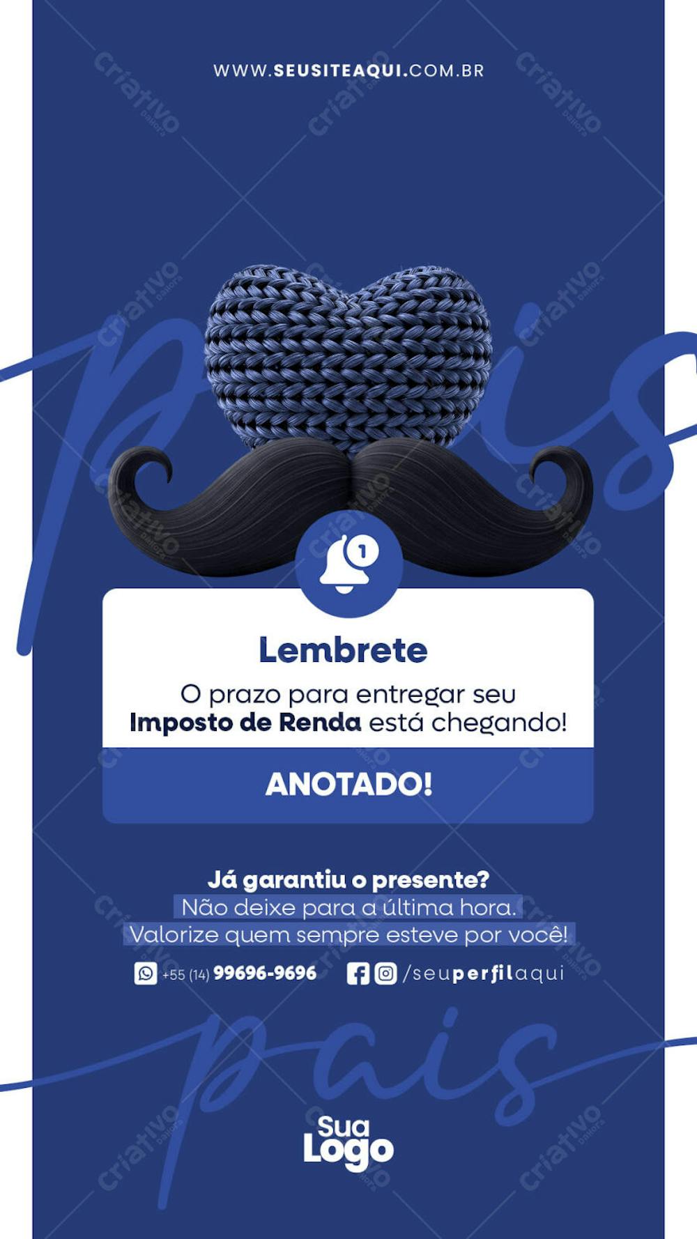 Navy blue flyer for Father's Day, featuring a knitted heart and mustache. Modern and elegant design, perfect for businesses to honor fathers. Target audience: businesses of all sizes.