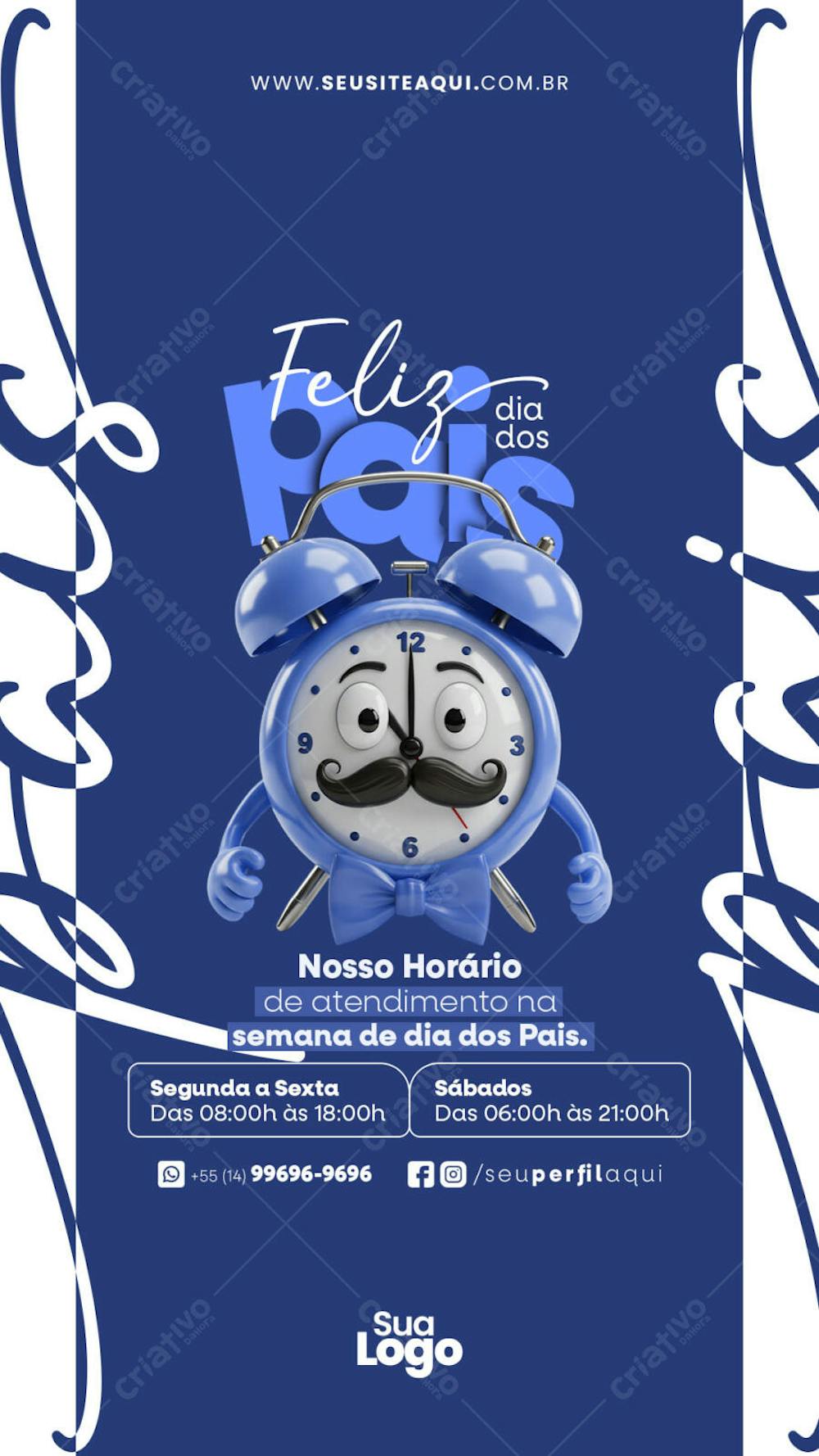 Blue Father's Day flyer featuring a cartoon clock with a mustache and bow tie. Perfect for promoting special offers and hours. Modern and fun design.