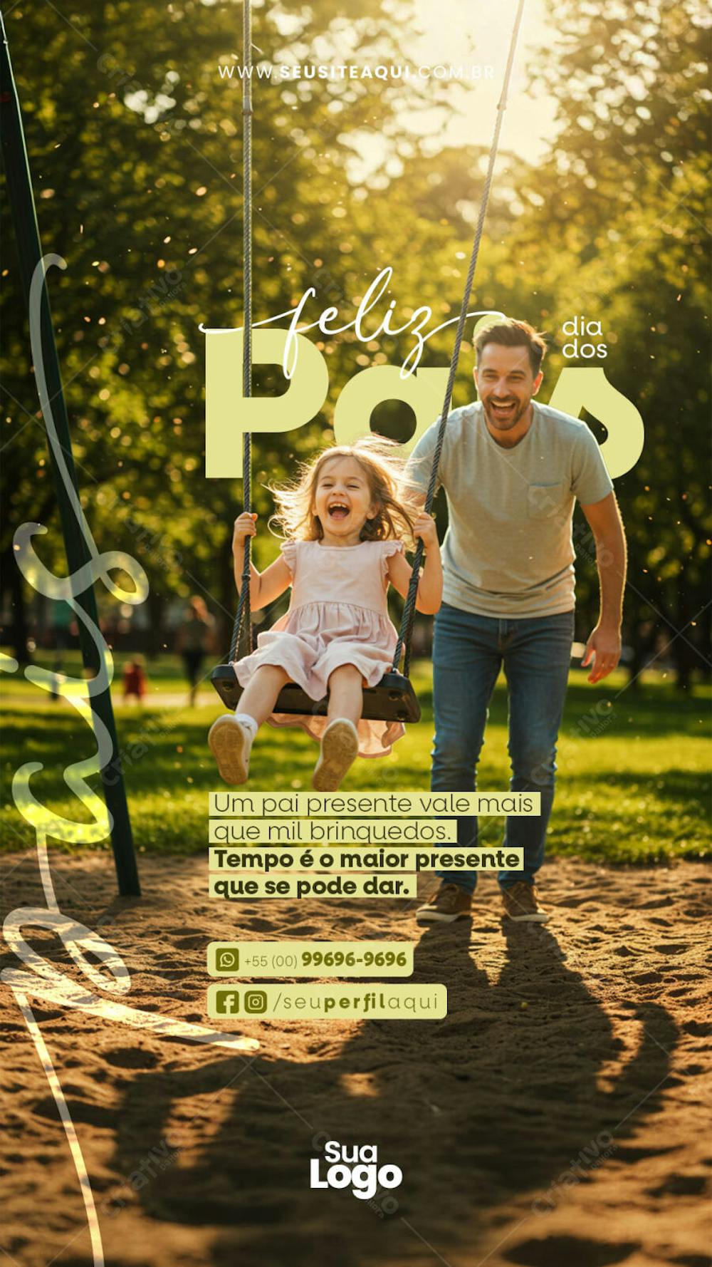 Warm and vibrant Father's Day flyer featuring a father and daughter on a swing in a sunny park. Perfect for businesses to celebrate Father's Day and promote special offers.