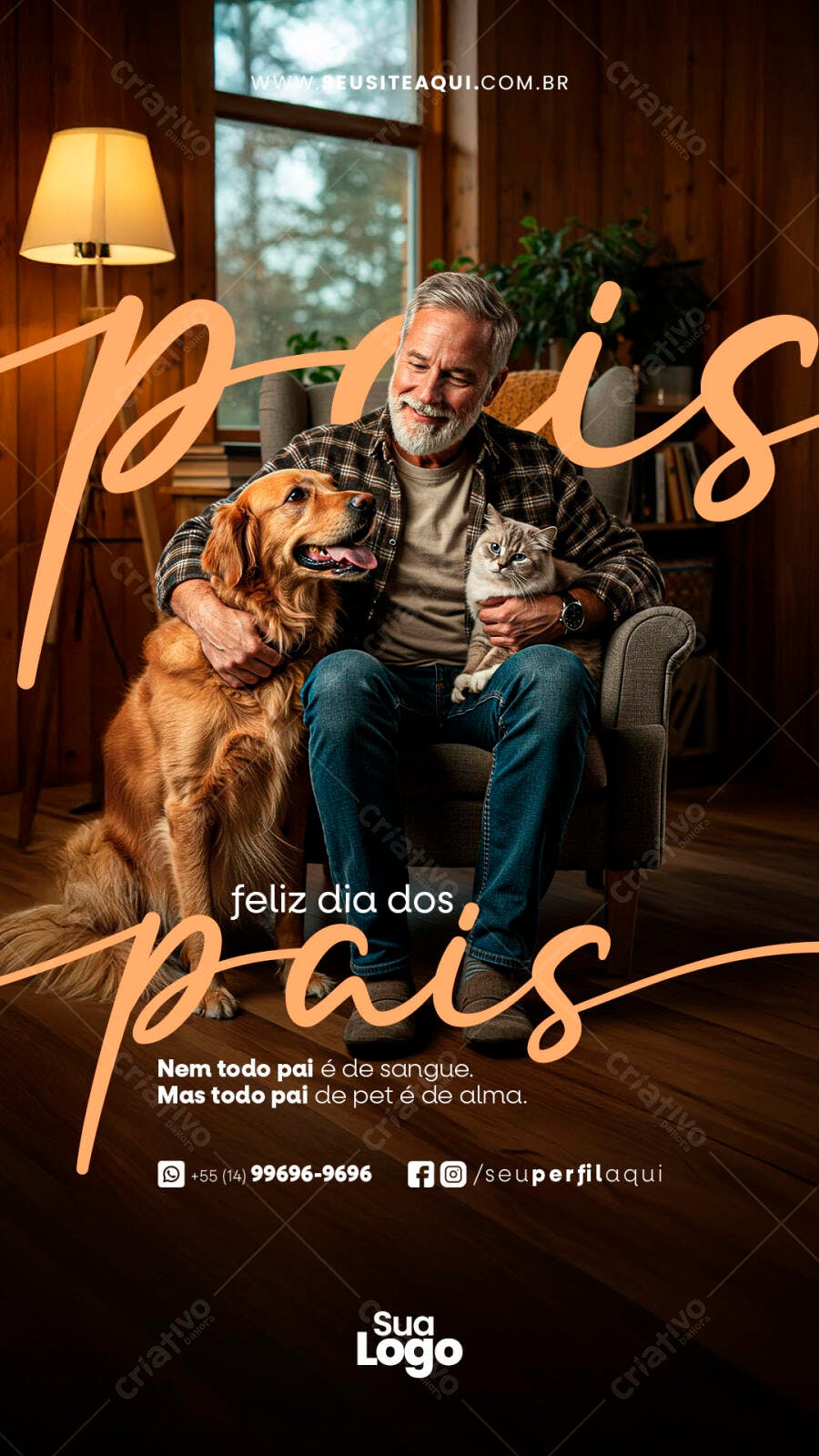 Poster Dia dos Pais com Cachorro e Gato PSD Editável