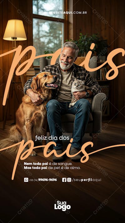 Poster Dia dos Pais com Cachorro e Gato PSD Editável