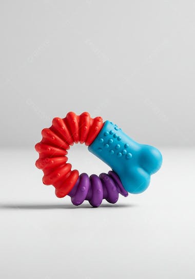Colorful dog toy in bone and spiral shape, red, blue and purple colors. Studio shot on white background, focusing on vibrant colors and texture.