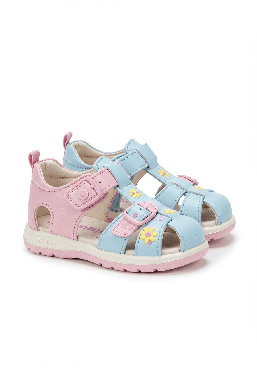 Sandálias Bebê Menina Rosa e Azul Claro Flores