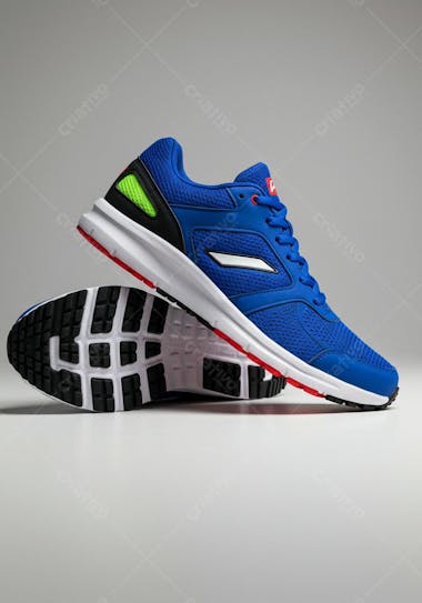 Royal blue sneakers with white, black and red details. Modern and sporty design, ideal for running or physical activities. Studio photography with neutral background.