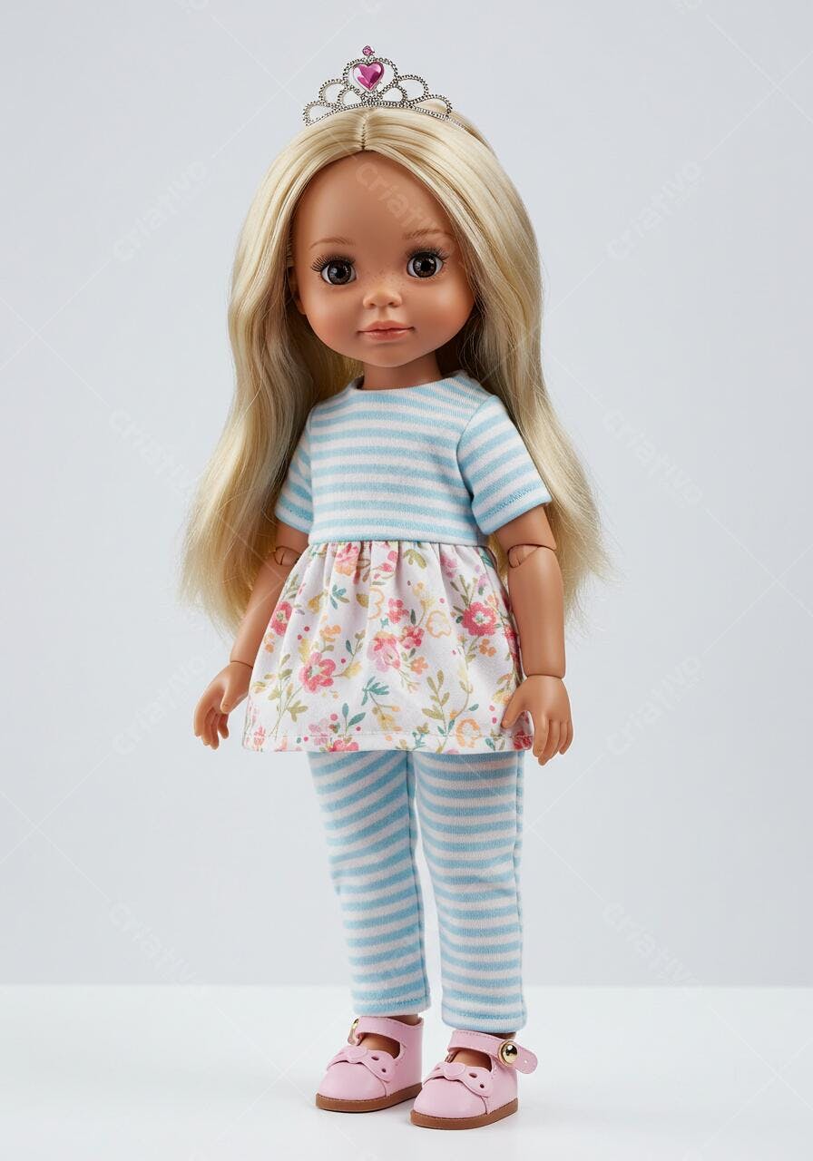 Boneca loira com vestido floral e coroa