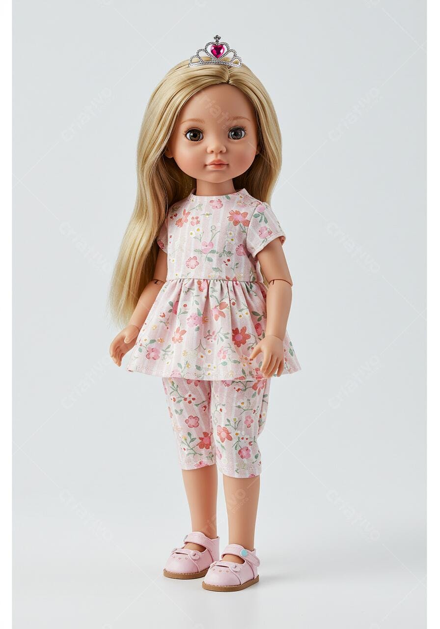 Boneca loira com vestido floral e coroa