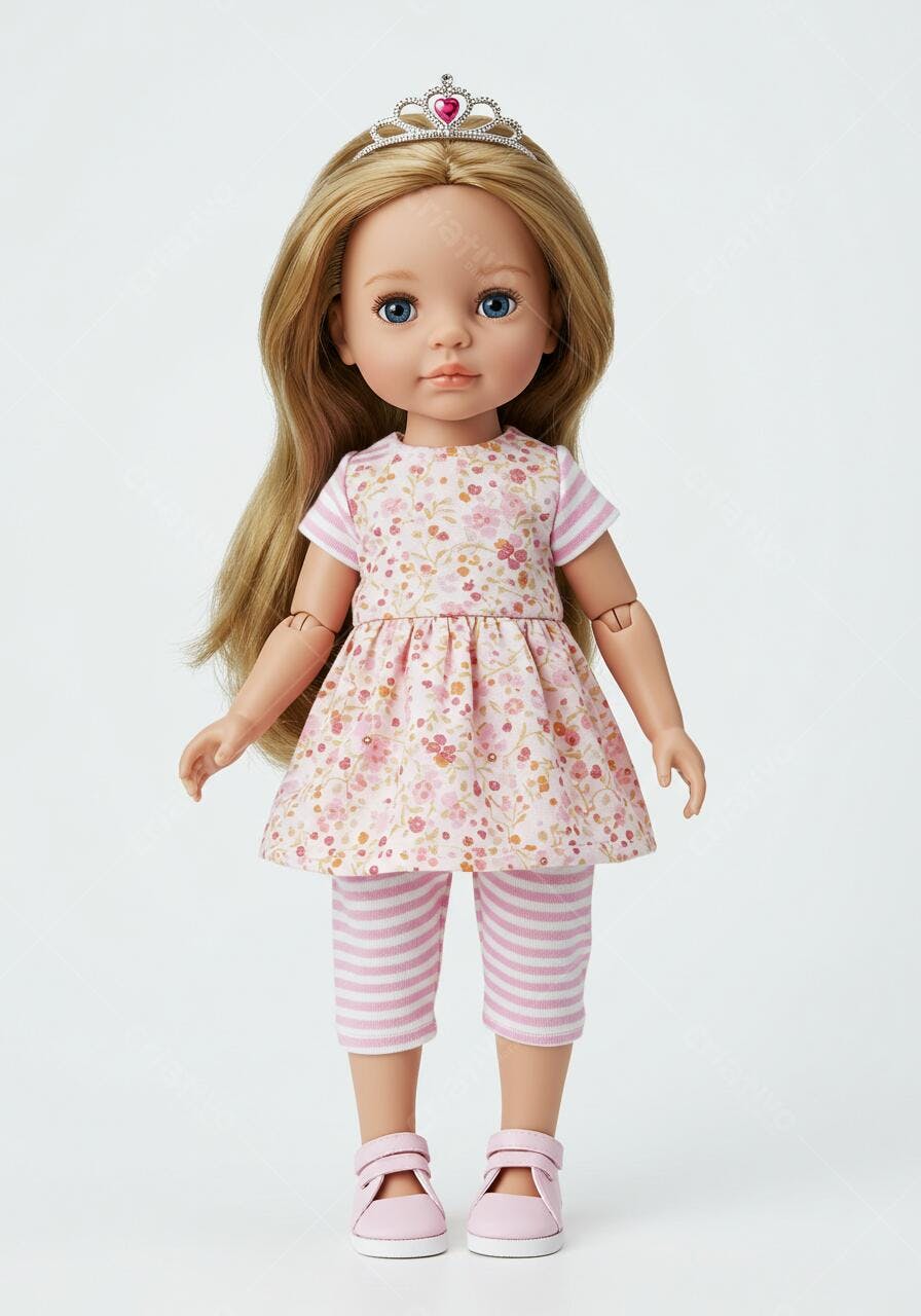 Boneca com vestido floral e coroa