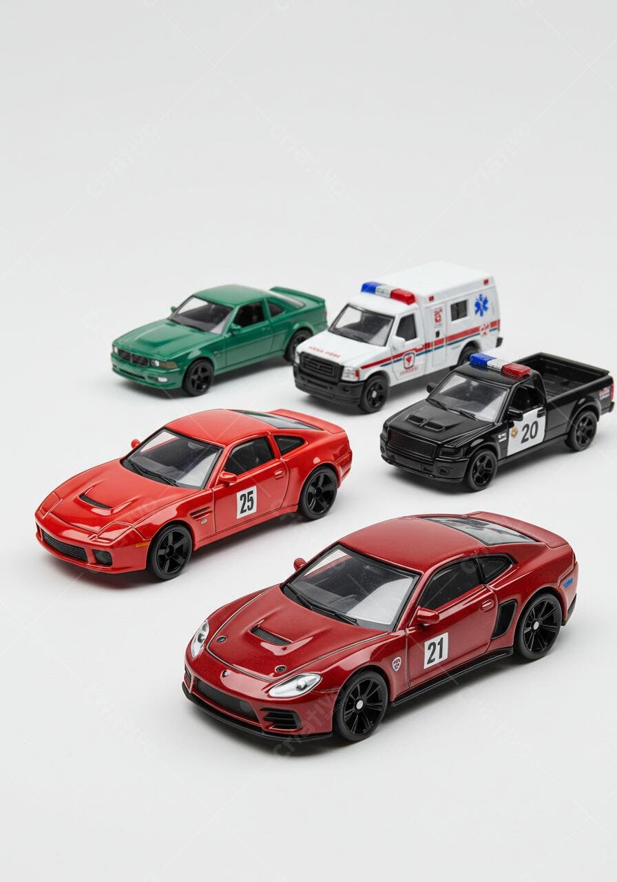 Carrinhos de corrida e veículos de emergência