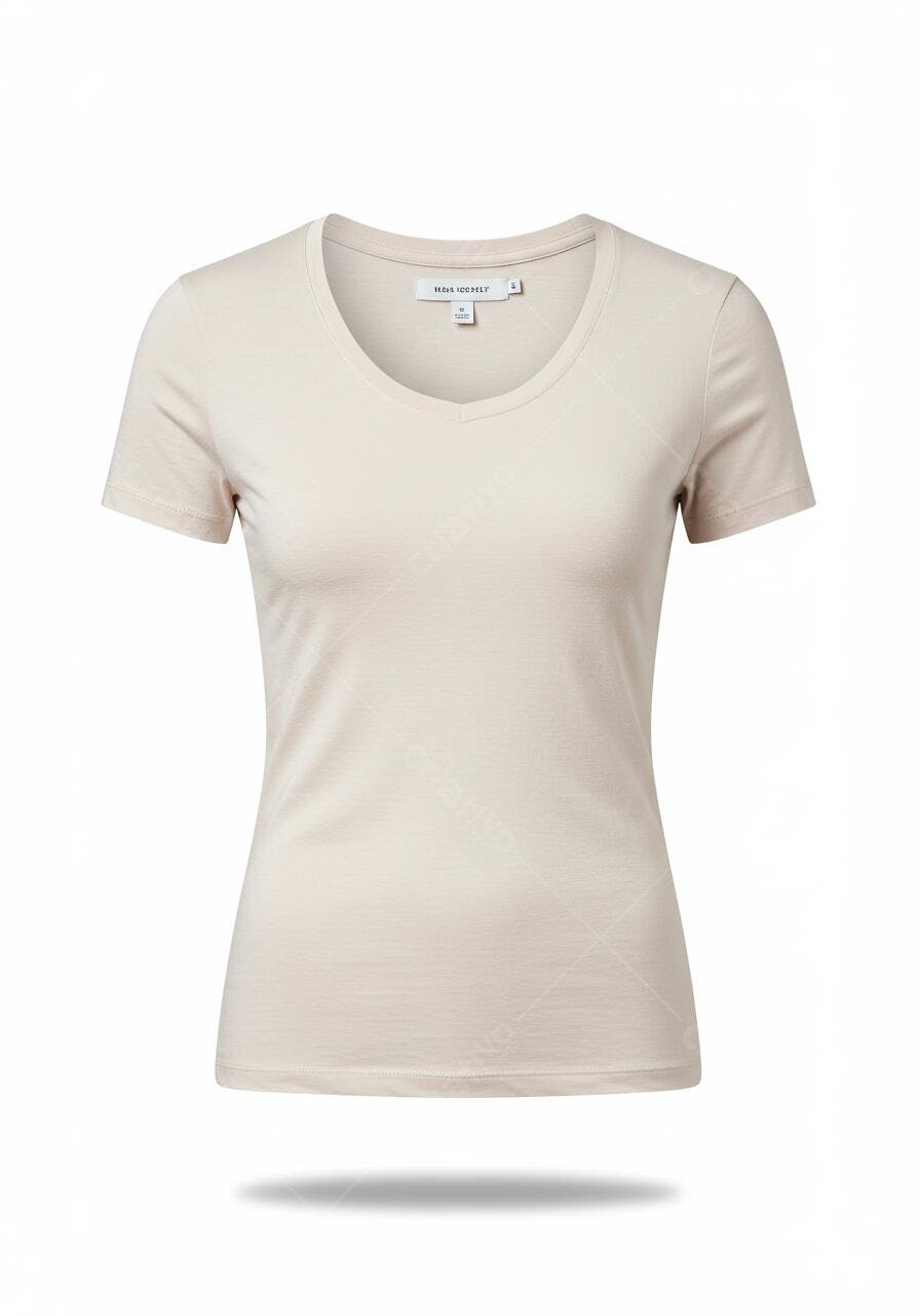 Camiseta feminina bege gola V manga curta