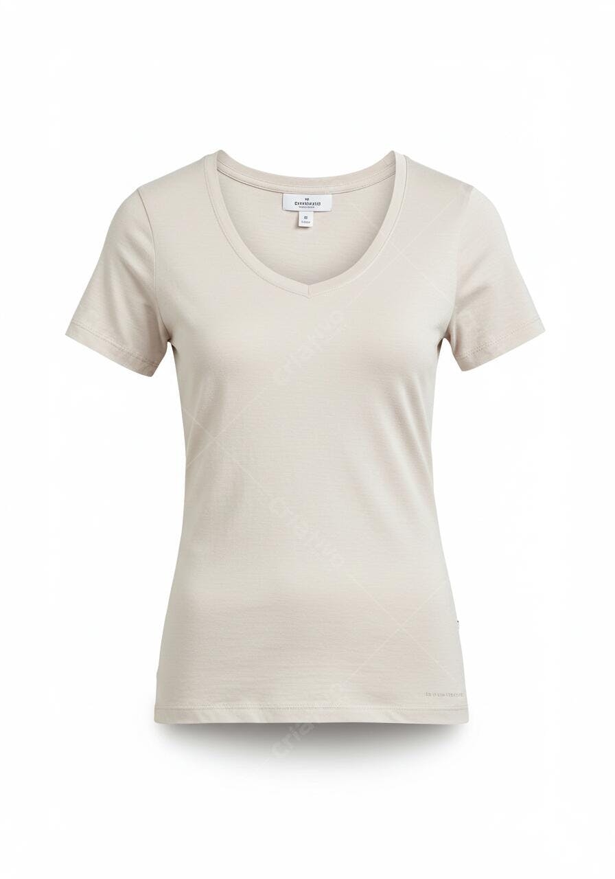 Camiseta feminina bege gola V algodão