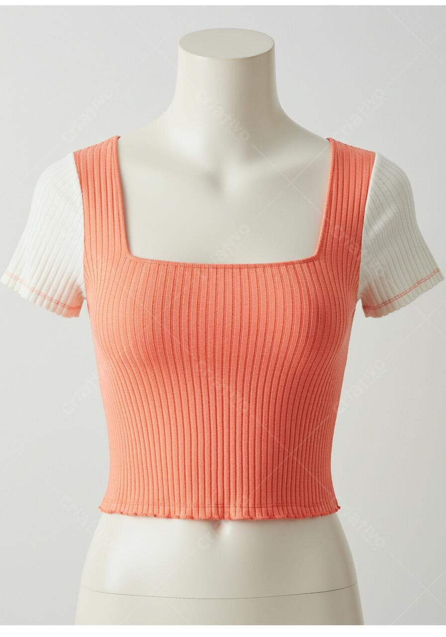 Blusa Cropped Laranja e Branca Decote Quadrado