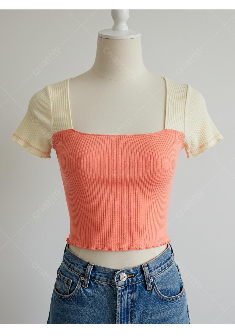 Blusa Cropped Bicolor Coral e Bege