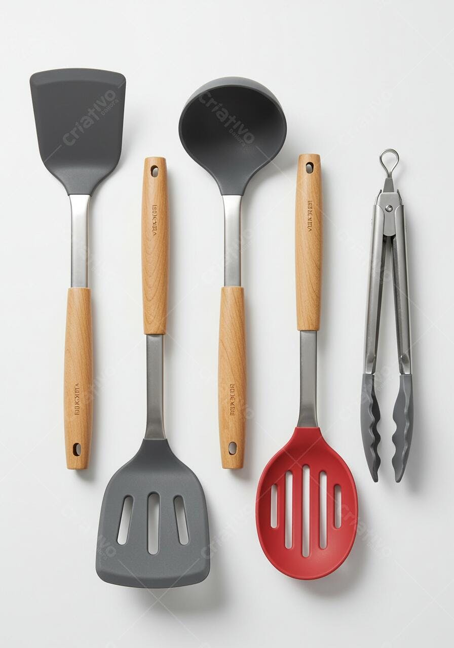 Utensílios de cozinha cinza e vermelho