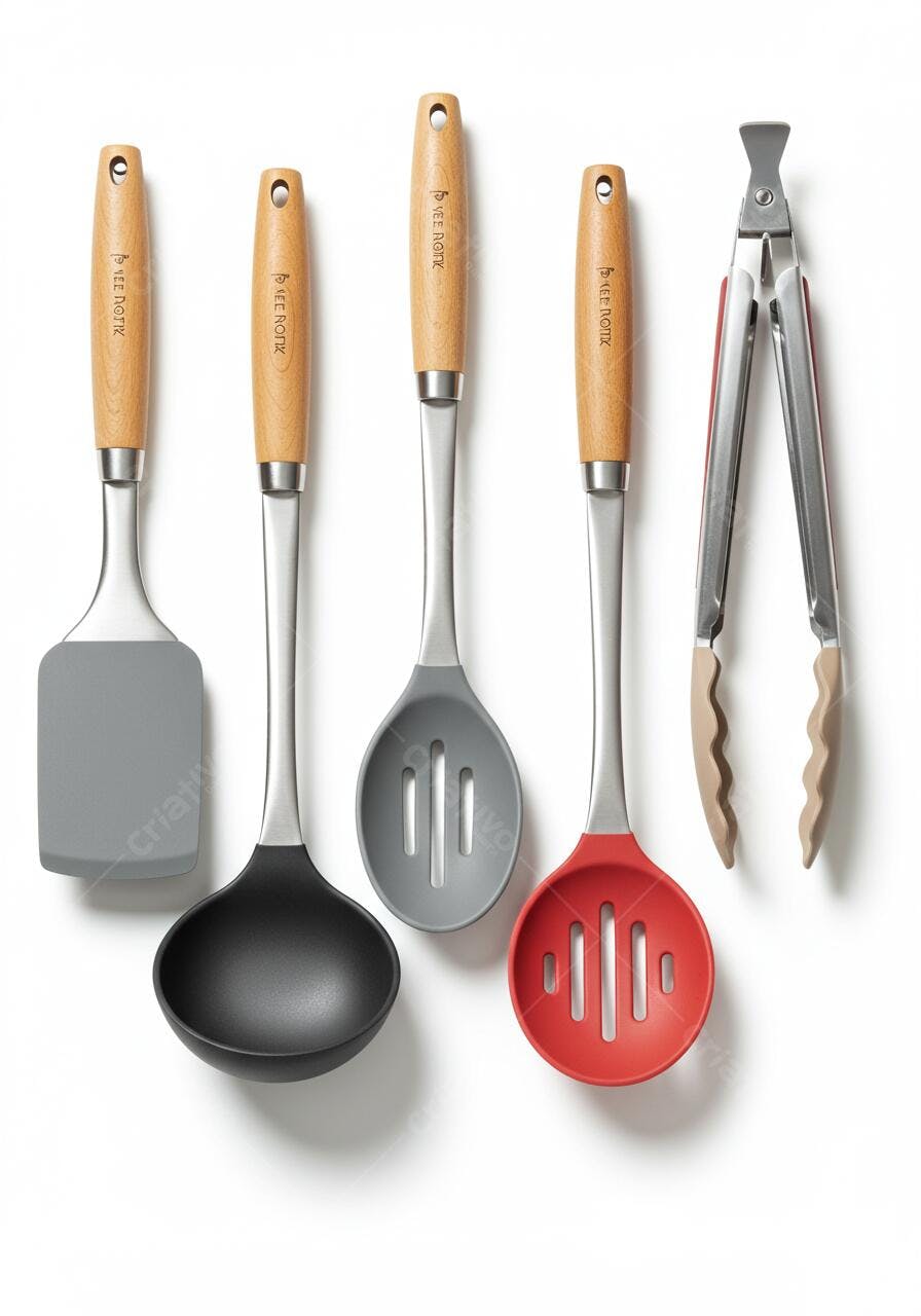 Utensílios de cozinha cinza vermelho e madeira