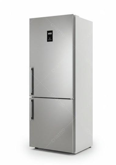 Image of a stainless steel French door refrigerator with a modern, minimalist design. Predominant colors are gray and silver, with a subtle digital panel. The image has a white background, even lighting, and focus on the refrigerator.