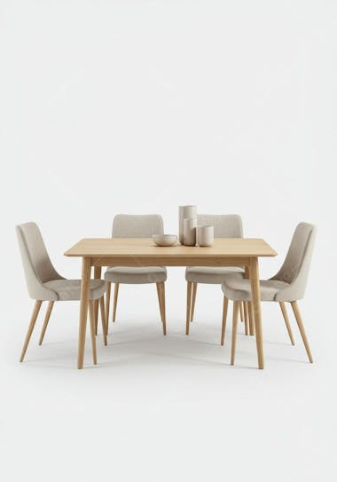 Image of a light wood rectangular dining table with four light beige upholstered chairs. The table features a bowl and vases in neutral tones. The background is white, creating a minimalist and clean atmosphere.