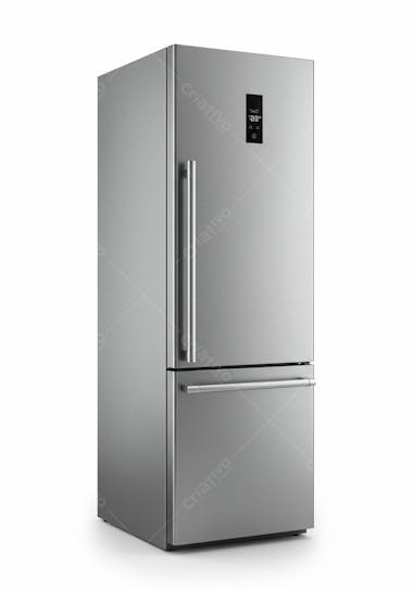 Image of a modern stainless steel refrigerator with integrated handles. Predominant colors are gray and silver with a discreet digital panel. The atmosphere is one of elegance and practicality for a modern kitchen.