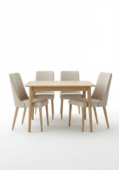 Image of a square light wood dining table with six beige upholstered chairs. The scene is minimalist and clean, with a white background. Neutral and soft colors create a calm and elegant atmosphere.