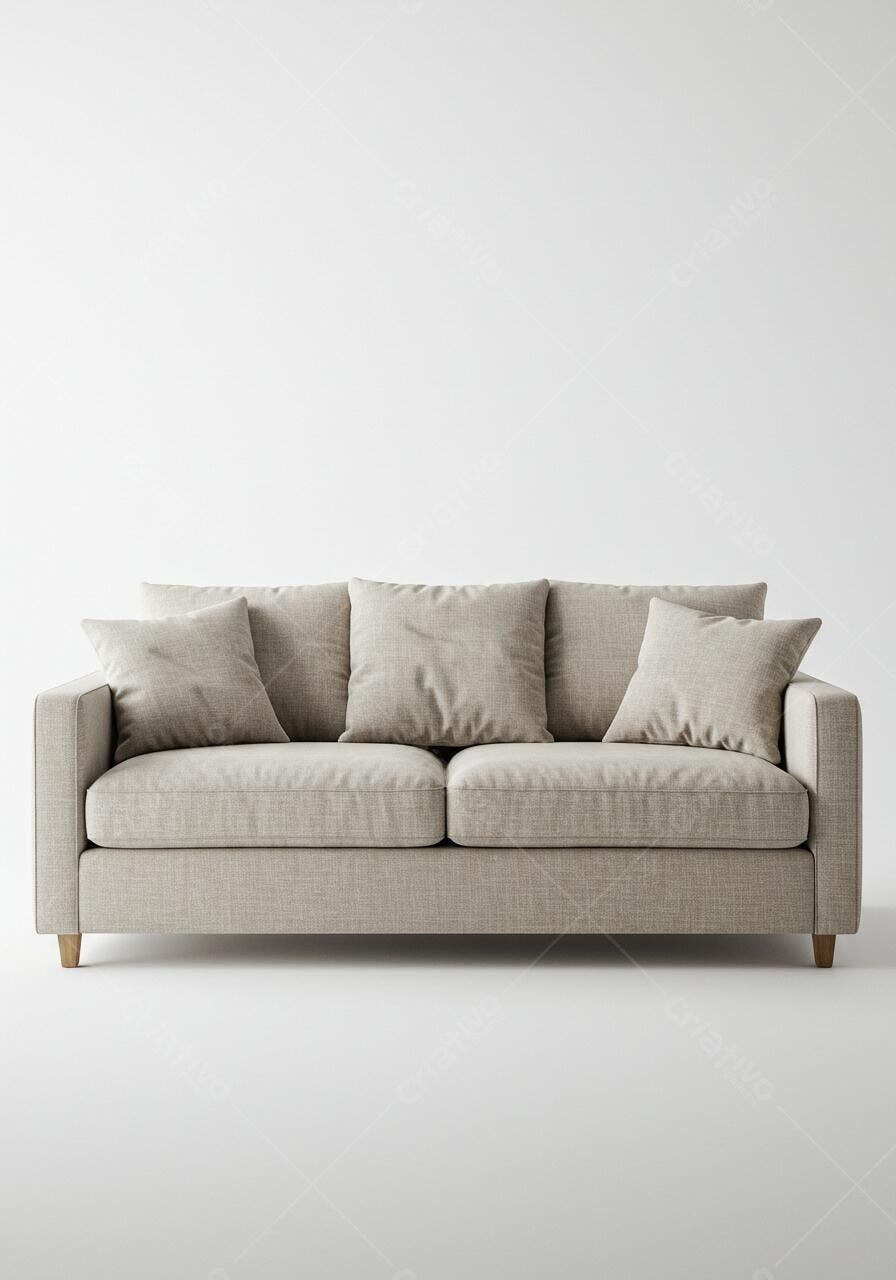Sofá bege moderno com almofadas em ambiente minimalista