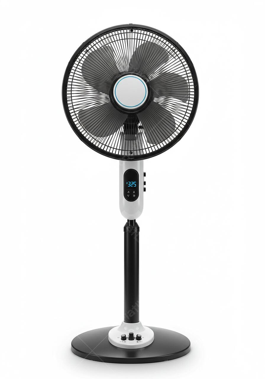 Ventilador de pé preto e branco com display digital