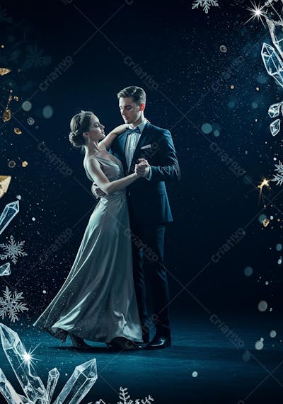 Casal dançando valsa em fundo azul gelo