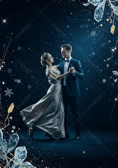 Casal dançando valsa em fundo azul noturno