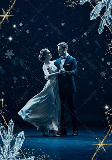 Um casal elegante dança uma valsa em um fundo azul escuro com flocos de neve e cristais de gelo. As cores predominantes são azul escuro, prata e dourado. A atmosfera é romântica e festiva.