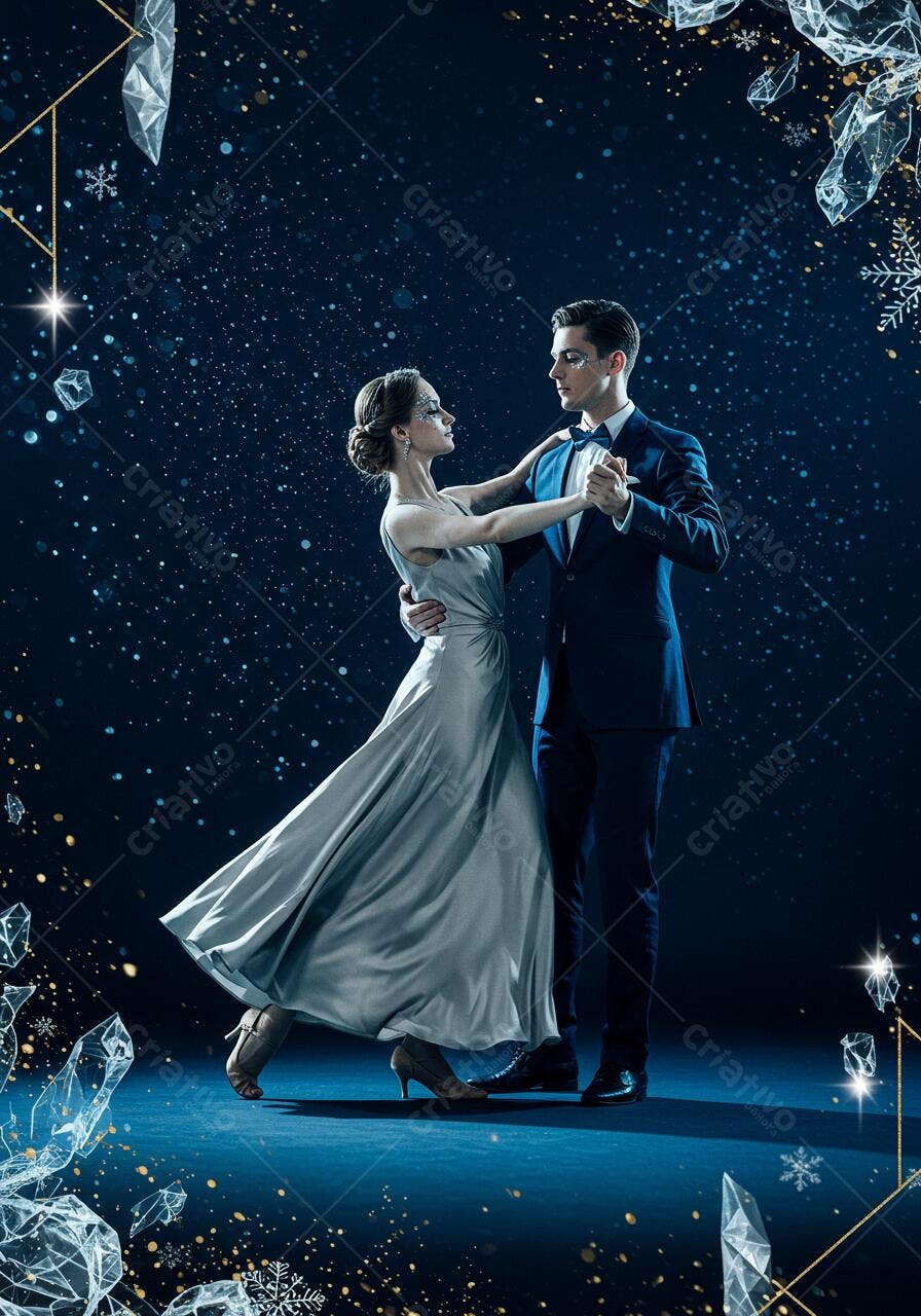 Casal dançando valsa em fundo azul noturno