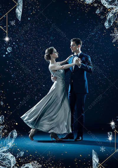 Casal dançando valsa em fundo azul noturno