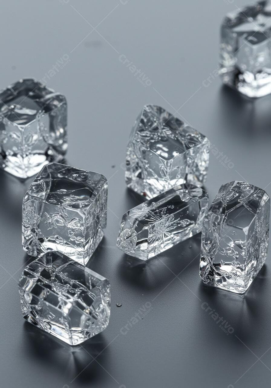 Cubos de gelo transparentes sobre fundo cinza
