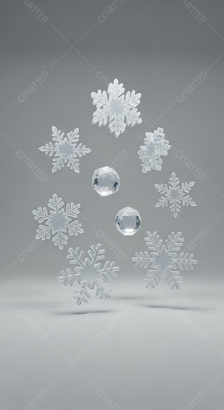 Flocos de neve e cristais de gelo em fundo cinza