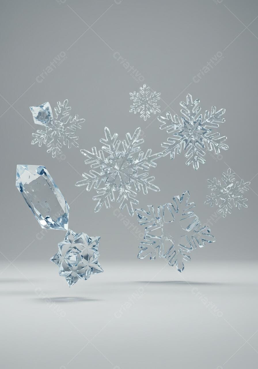 Cristais de gelo e flocos de neve em fundo cinza