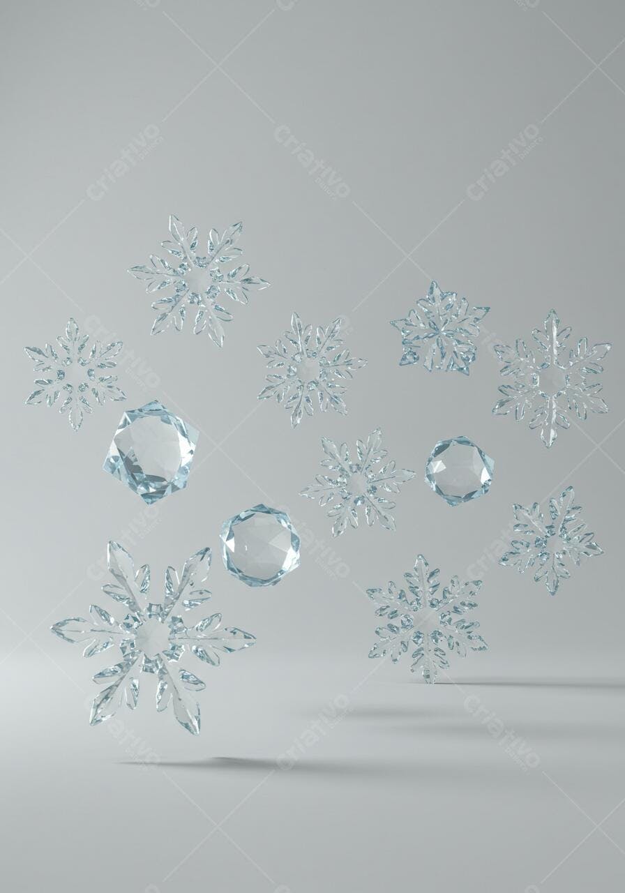 Flocos de neve e cristais de gelo em fundo cinza