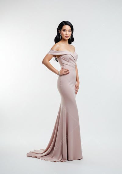 Modelo asiática em vestido longo rosa claro