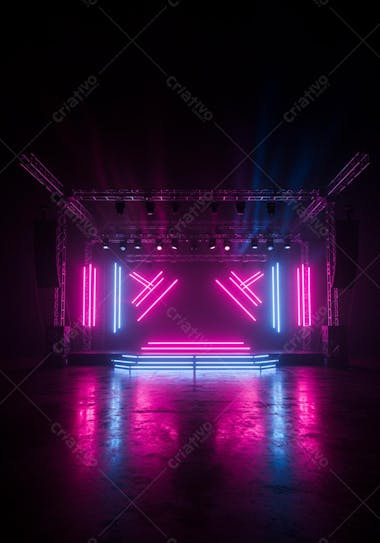 Image of a stage with pink and blue neon lighting. The scene is dark and mysterious, with the floor reflecting the lights. The composition is symmetrical, creating a modern and vibrant atmosphere.