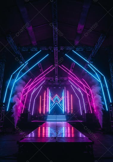 Concert stage illuminated with pink and blue neon lights. Geometric design with purple and blue smoke. Mirrored surface reflecting the lights. Vibrant and modern atmosphere.