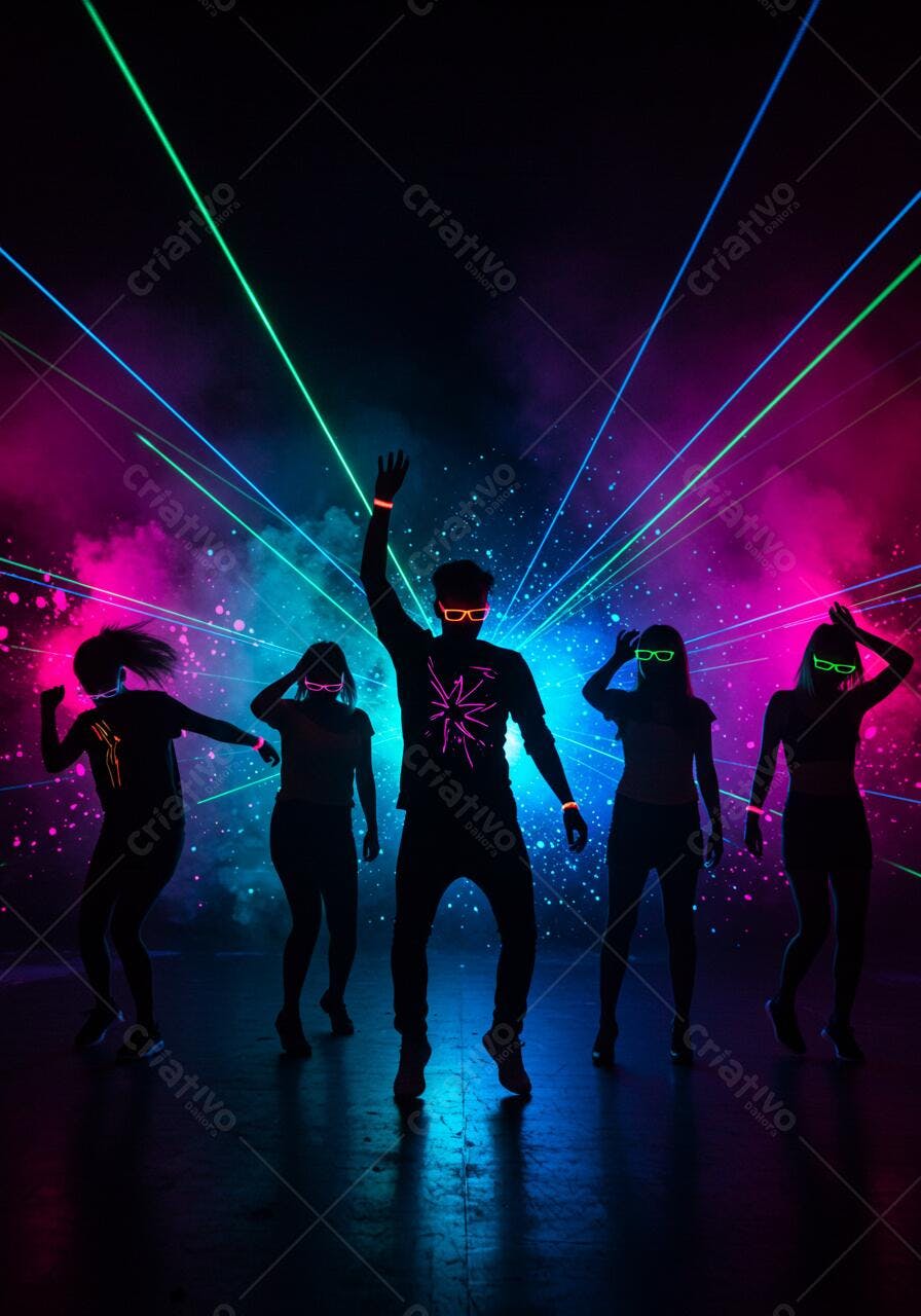 Grupo dançando em rave com laser neon