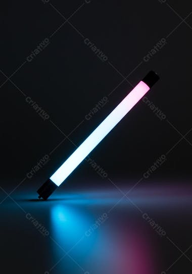 Long fluorescent tube light with pink and light blue colors on a dark background. The lighting creates reflections on the floor, with predominantly blue tones. The composition is simple and minimalist, conveying a modern and technological atmosphere.